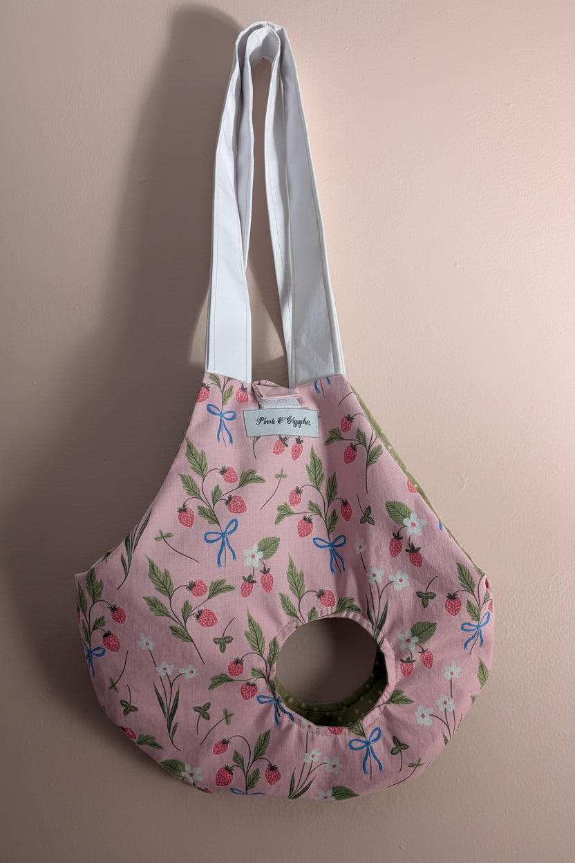 Pink floral chicken carrier bag with blue bows