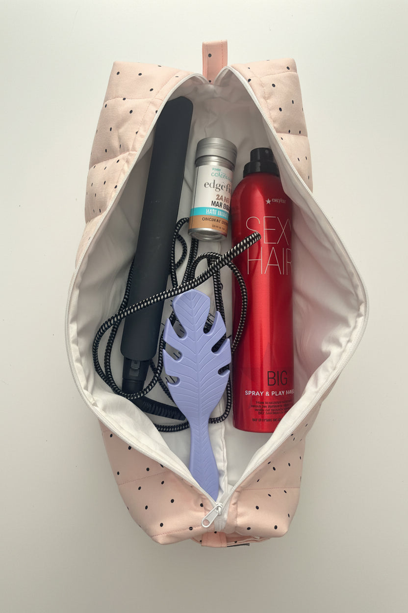 Open hair tool bag with hair products