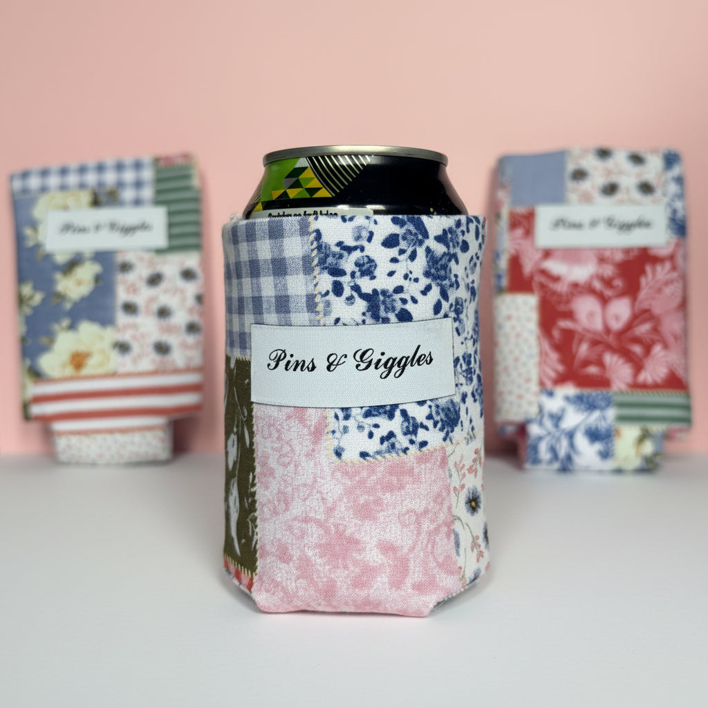 patchwork can cooler with 'Pins & Giggles' branding on a pink background with other can coozies behind the main one, displaying the varying patterns.