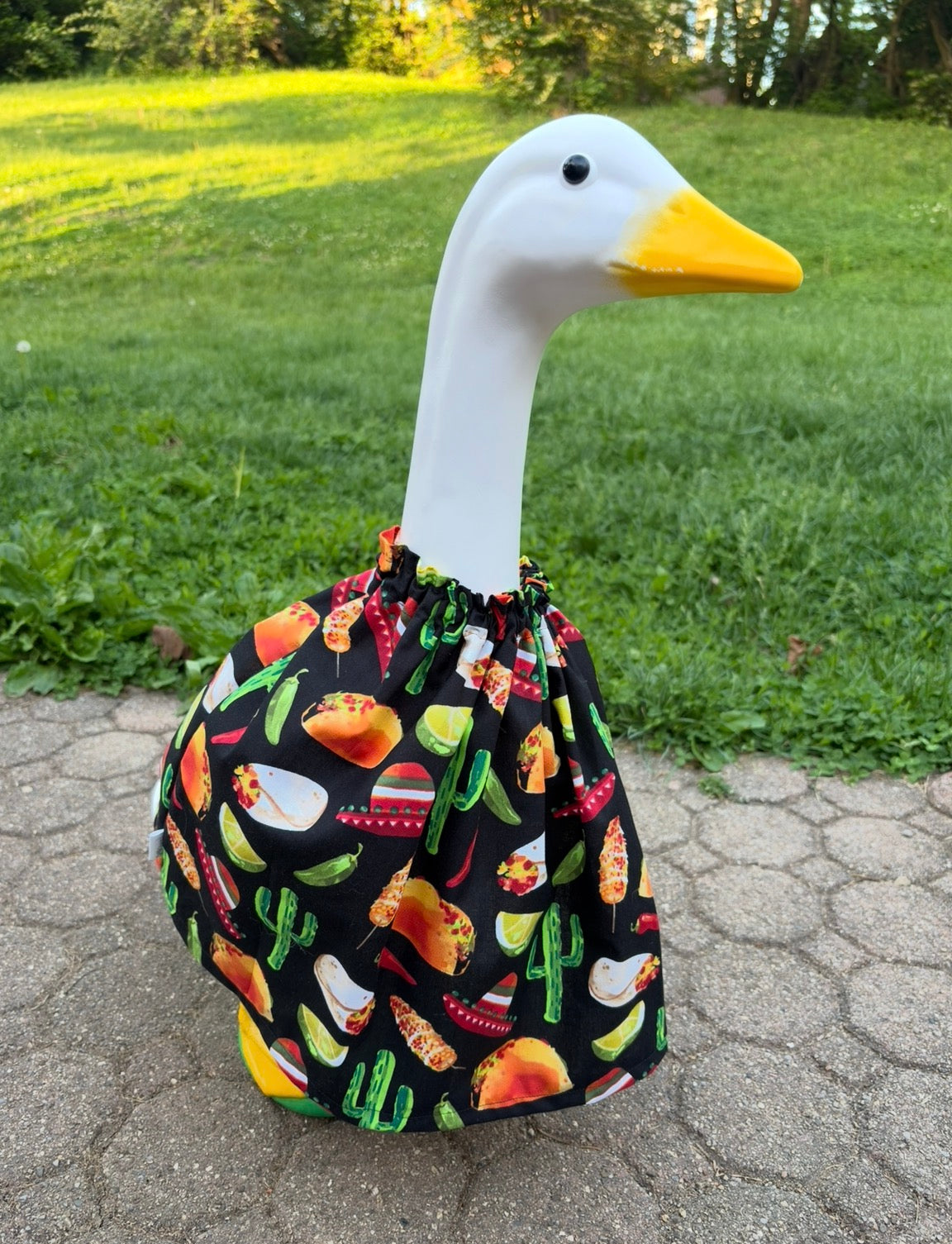 white porch goose wearing a colorful cinco de mayo themed dress with a taco pattern on a grassy background