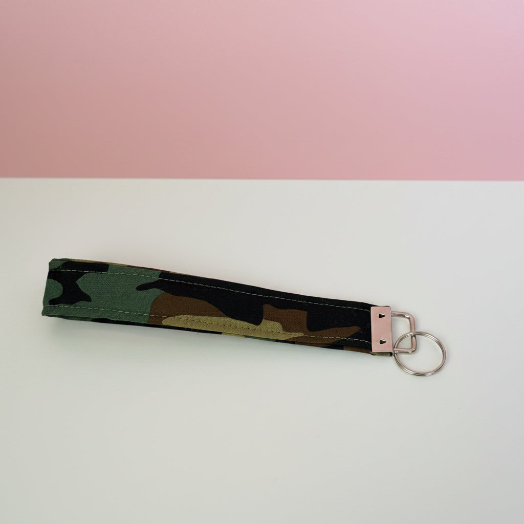 Camouflage-patterned keychain on a white surface with a pink gradient background